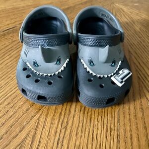 CROCS Kids Shark Clogs in Dark Gray with Teal Eyes